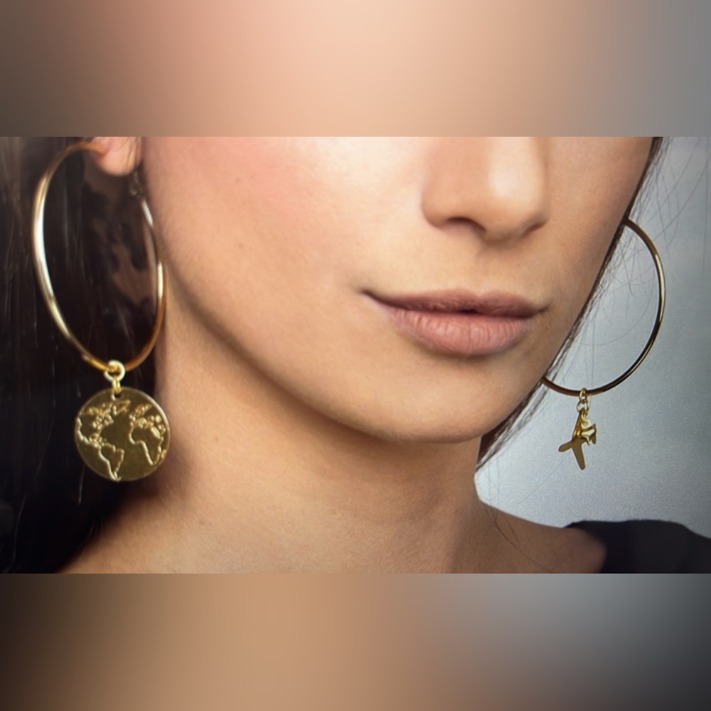 Brass Gold HOOP EARRINGS AIRPLANE/MAP